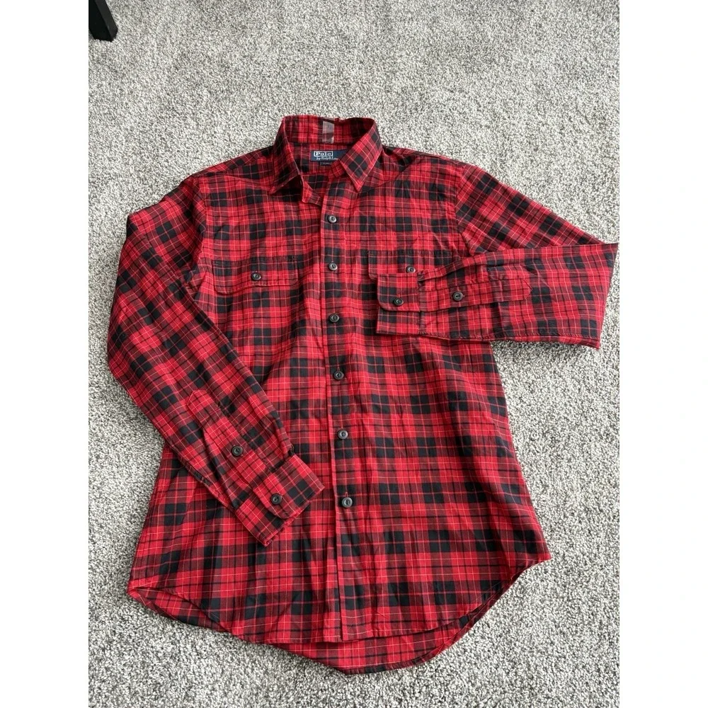 Polo Ralph Lauren Mens Small Red‎ Black Plaid Flannel Button Down Classic Fit
